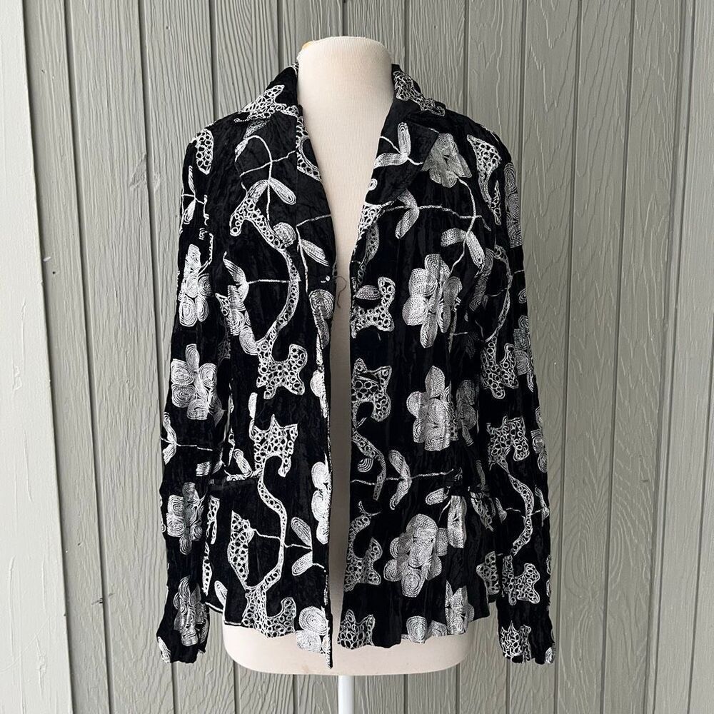 Alberto Makali VTG Velvet Embroidered Jacket XL Floral Appliqué, Covered Buttons